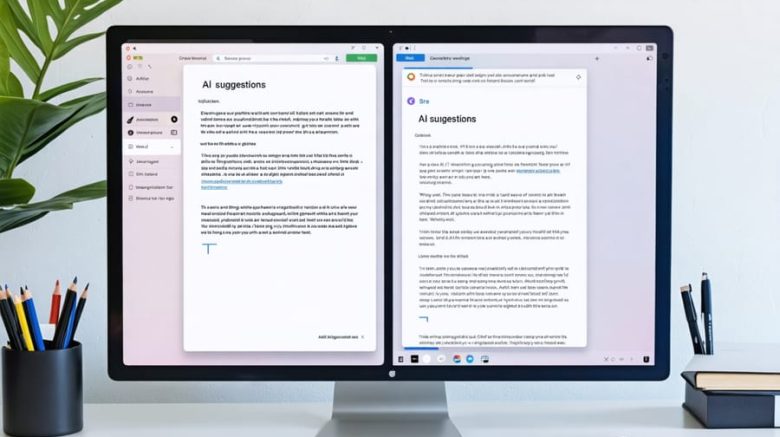 Split-screen computer display showcasing a transparent AI writing interface with original text and AI-suggested changes, highlighting collaboration and understanding.