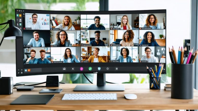 A diverse group of remote freelance writers participating in a video conference call, surrounded by digital tools showcasing real-time document editing, project management boards, and messaging interfaces, illustrating effective virtual collaboration.
