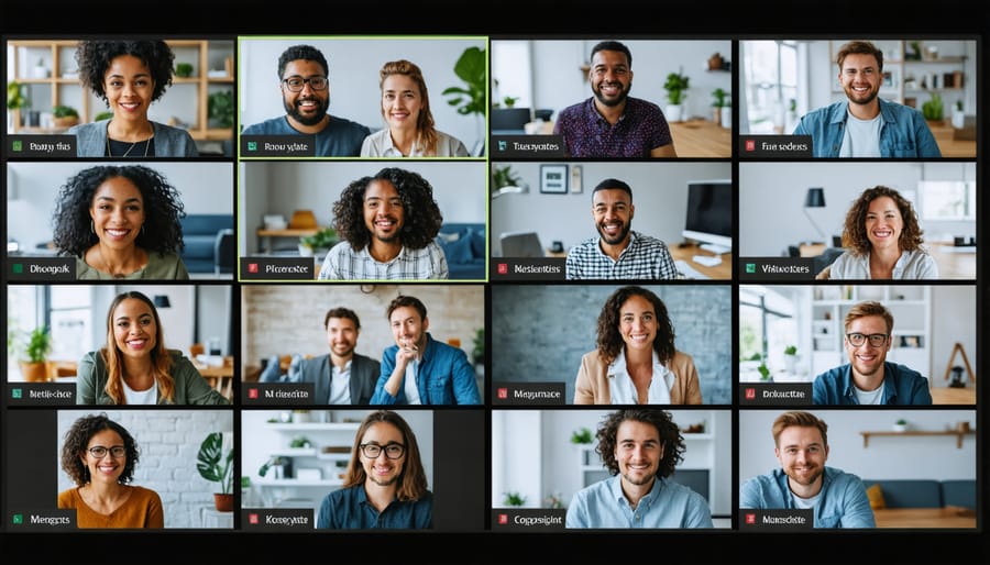 Remote team members interacting through a video conferencing platform interface