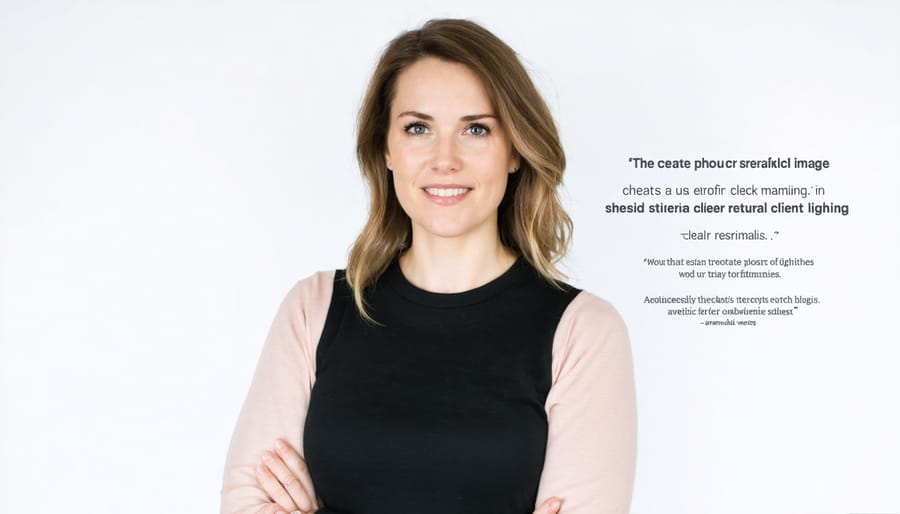 Smiling professional writer next to a compelling client testimonial