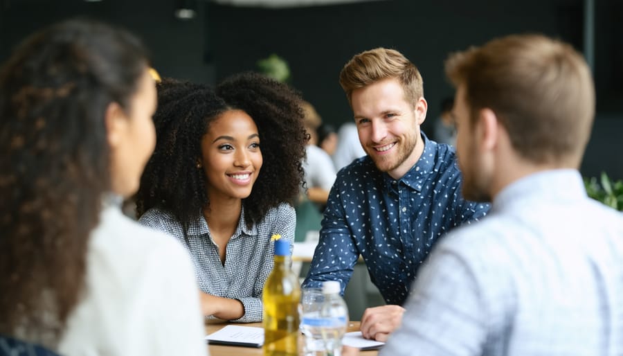 Writers engaging in conversation at a professional writing conference