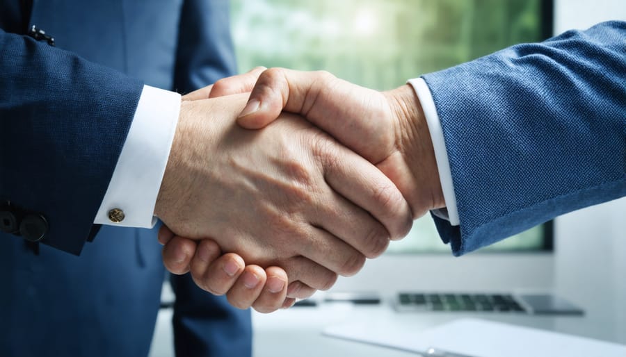 Two professionals shaking hands in modern office setting