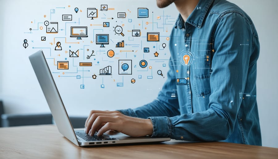 Freelancer working with various AI writing and SEO optimization tools