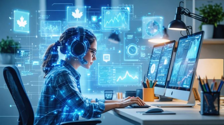 A Canadian freelance writer surrounded by floating holograms representing various AI tools, such as writing assistants and project management dashboards, symbolizing the integration of AI in their workflow.