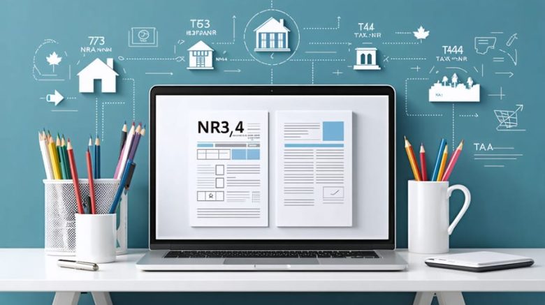 Conceptual illustration showing a digital workspace with Canadian tax forms displayed on a laptop screen, connected to icons of residential ties like home, bank account, and family, set against a backdrop with Canada symbols.