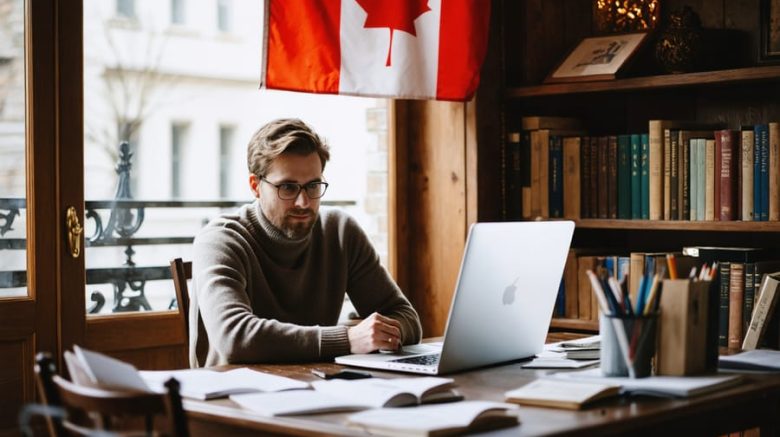 "A Canadian writer working at a desk with a laptop and notes, representing audience segmentation, with a maple leaf flag and bookshelf in the background."