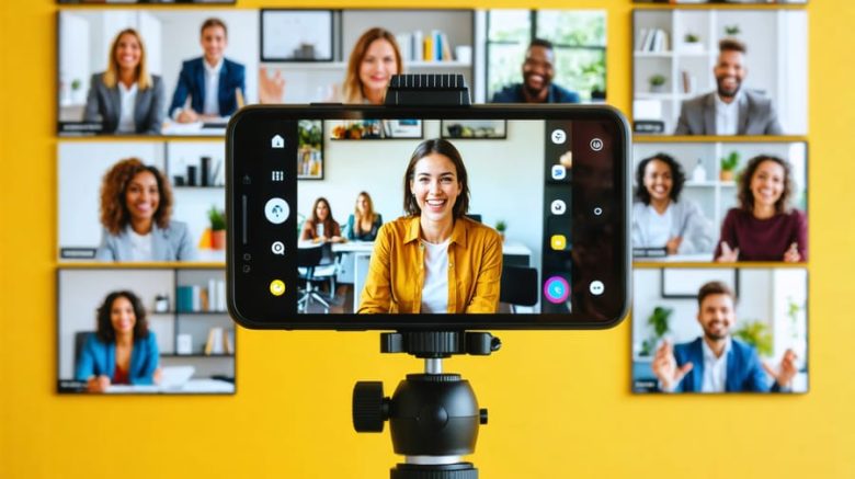 A dynamic collage showing clients giving testimonials on camera, with a central image of a smartphone capturing a client's positive expressions, surrounded by graphics illustrating business growth.