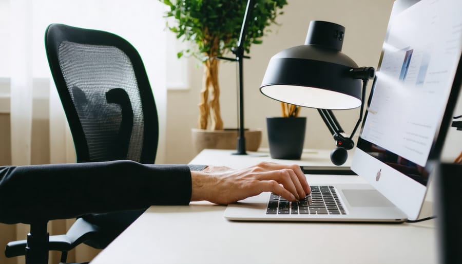 Person speaking naturally while sitting in ergonomic office chair