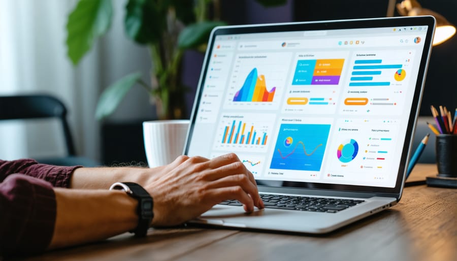 Content marketing professional analyzing multi-channel content strategy on laptop