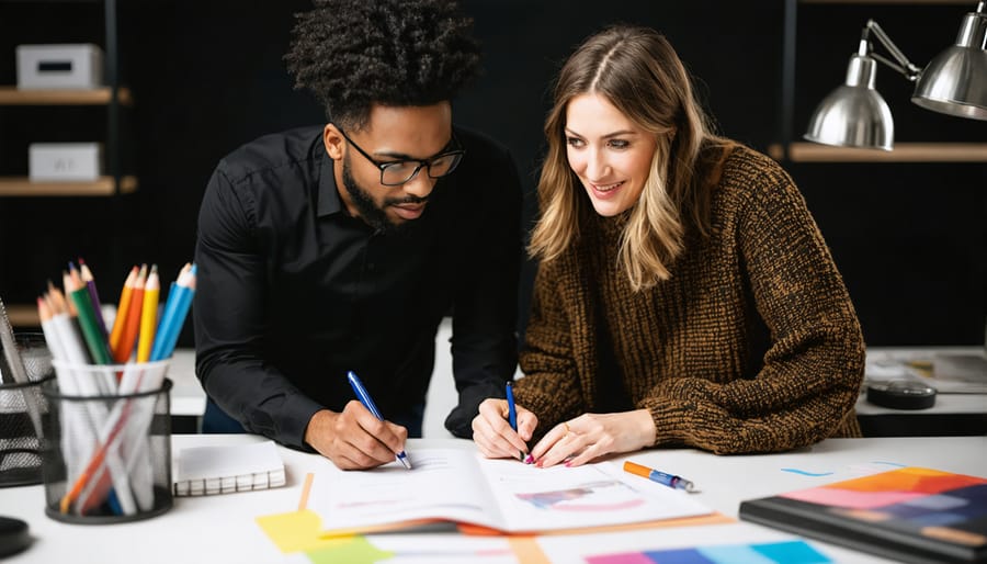 Diverse team of creative professionals collaborating in modern office space