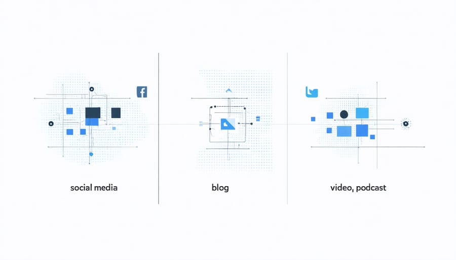 Visual representation of cross-platform content adaptation showing the same story on different media formats