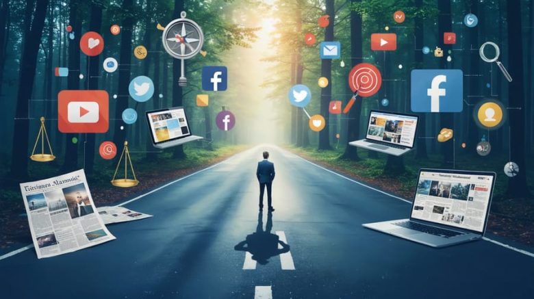 An illustration showing a freelance writer at a crossroad between newspaper, social media, podcast, and video platforms, surrounded by symbols representing ethical dilemmas, emphasizing the complexity of ethical decision-making in cross-platform storytelling.
