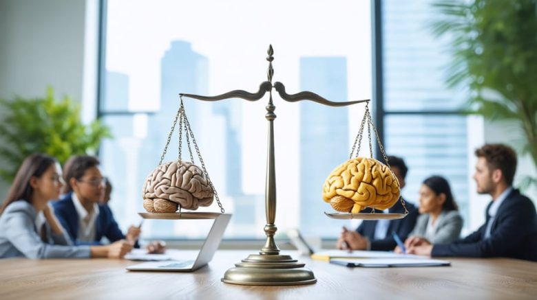 A symbolic representation showcasing the balance between mental health and ethical support for content moderators, surrounded by a collaborative support network.