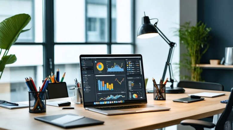 Professional freelance content marketer working on a laptop with various content types, including blogs, social media calendars, and analytics, illustrating the integration of creativity and strategy.
