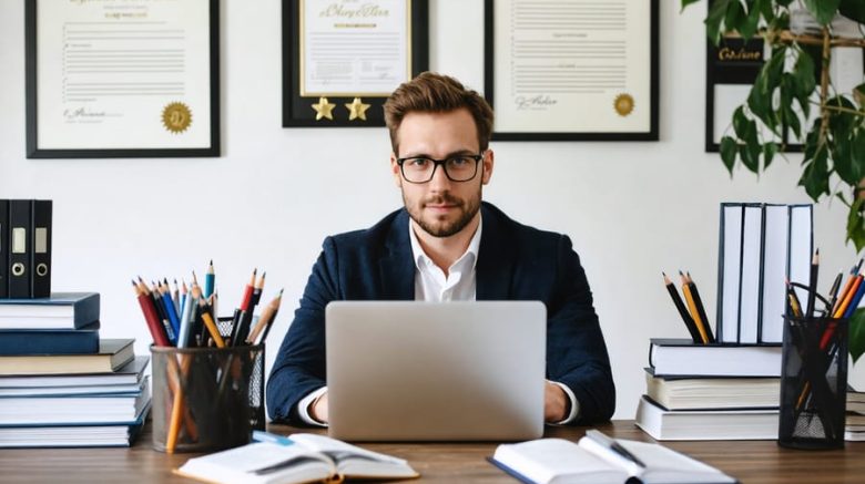 Professional freelance writer at a desk surrounded by writing tools, a laptop displaying a schedule, and framed client testimonials, illustrating success through strong work ethics.