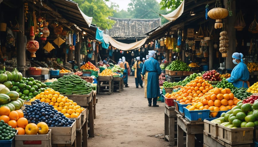 Aerial view of busy traditional marketplace with vendors and customers