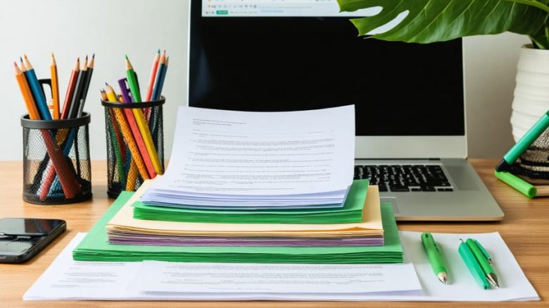 A stylish and modern workspace showcasing various types of eco-friendly paper, a laptop with an open document, eco-friendly writing tools, and a small potted plant, symbolizing the integration of sustainability in a professional writing career.
