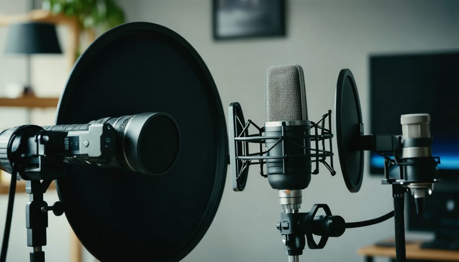 Voice actor speaking into a professional microphone in a home recording studio