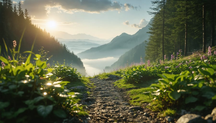 Person practicing walking meditation on peaceful garden path during golden hour