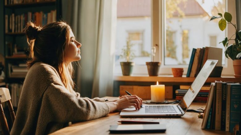 "Freelance writer meditating at a candlelit desk in a cozy home office, bathed in gentle morning light."