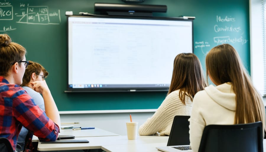 Diverse group of students discussing economics in a modern classroom setting