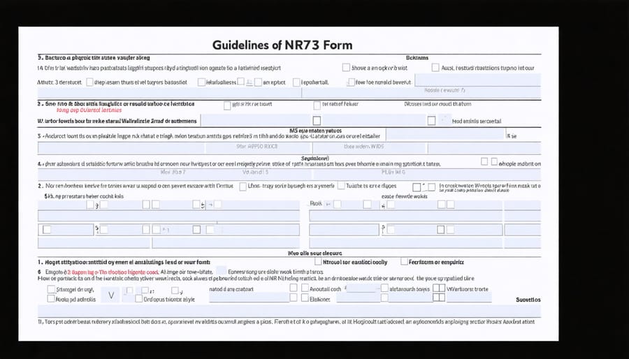Canada Revenue Agency NR73 form with important fields and sections highlighted for clarity