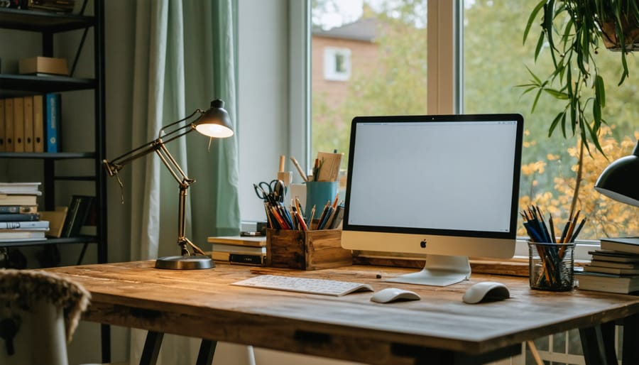 Modern minimalist home office with clean desk setup and natural lighting