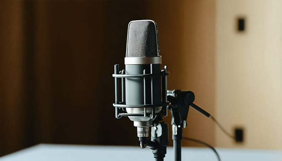 Professional condenser microphone mounted on desk arm