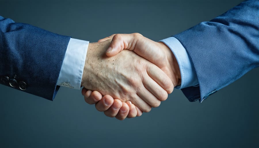 Two professionals shaking hands in modern office environment