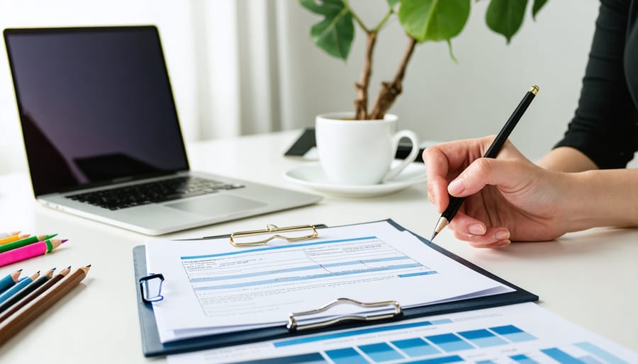 Organized workspace showing invoice template, calculator, and office supplies