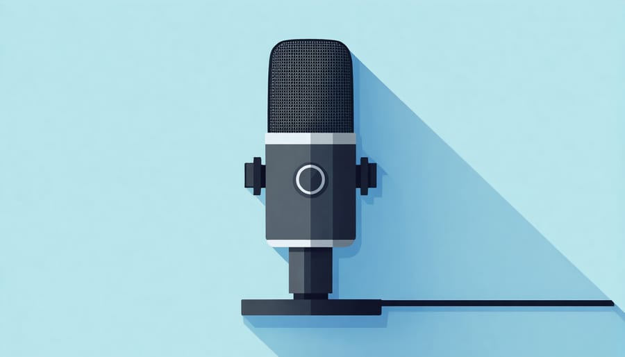 Professional USB microphone on reflective surface with dramatic lighting
