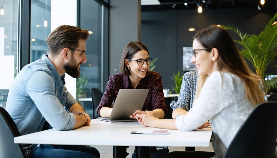 Three professionals networking in modern office lounge area