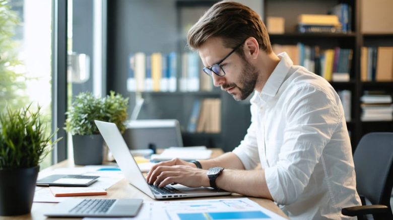 "Professional writer typing on a laptop in a well-organized modern office with natural light."
