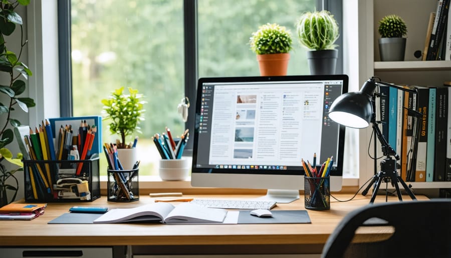 Freelance writer working at clean, organized desk with laptop and notebook