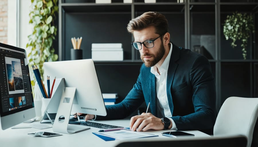 Writer working at desk with laptop in modern office setting