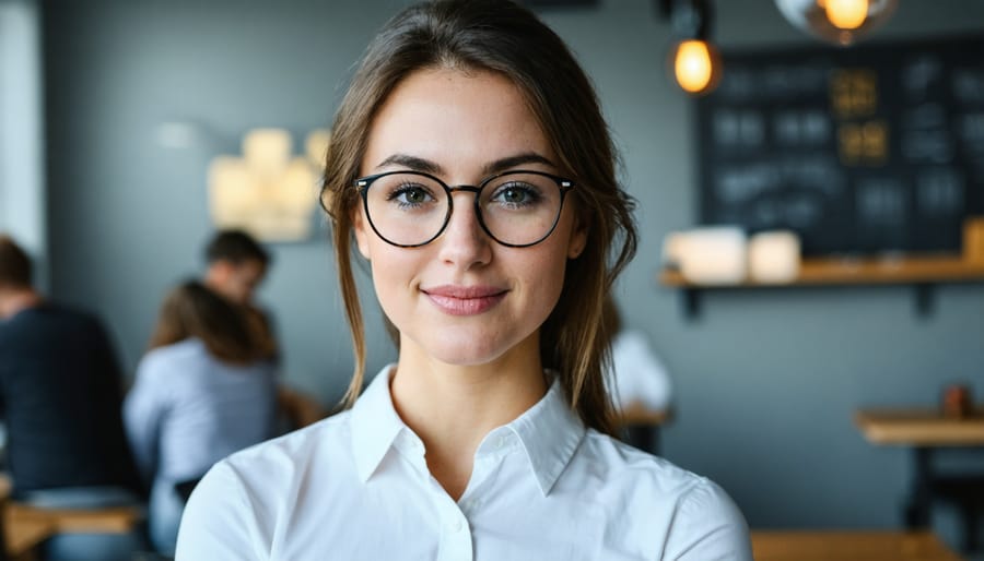 Professional content creator standing confidently in modern office environment