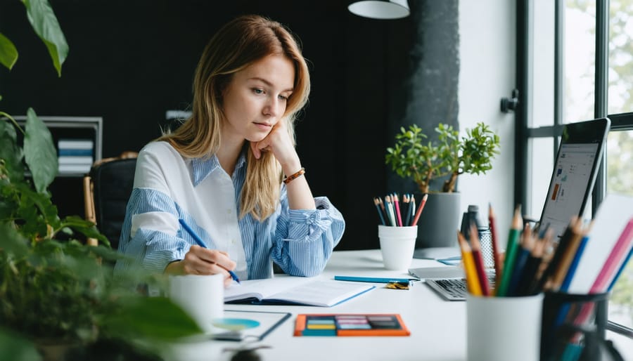 Content writer working at organized desk with laptop in home office setting