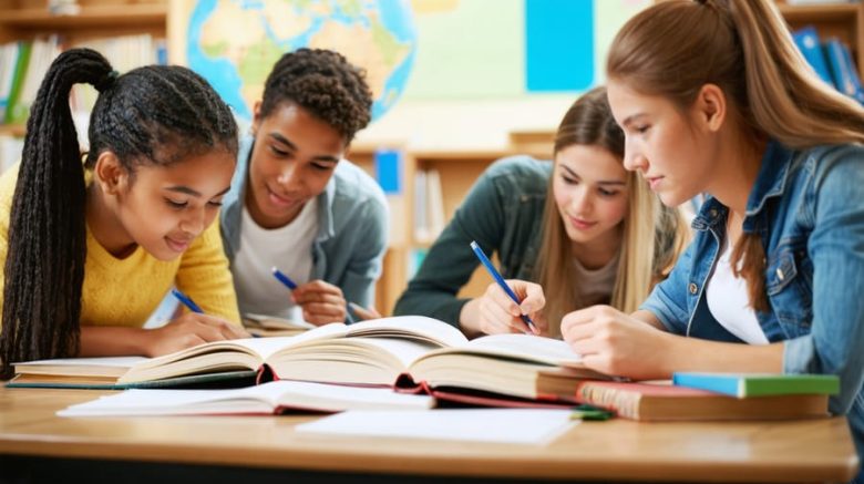 "Students in a classroom engaging in an economics discussion, surrounded by books and educational materials."