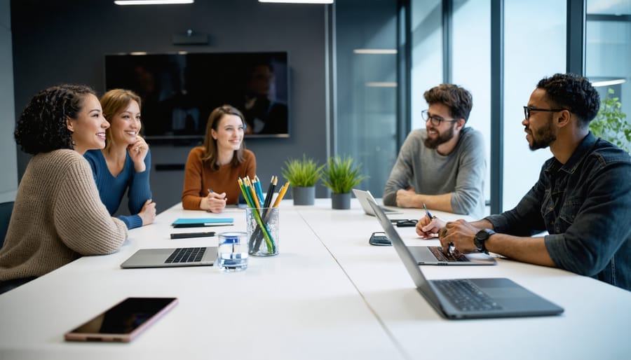 Team of professionals actively engaged in discussion around laptop
