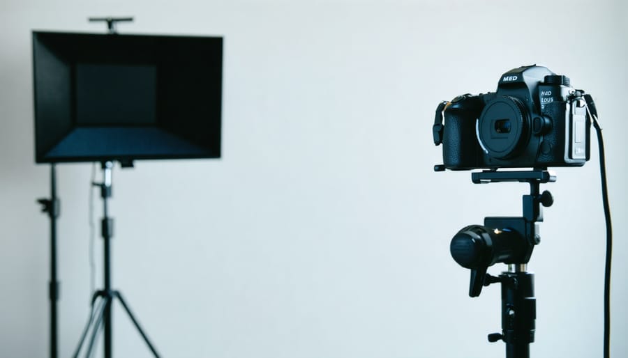 Video testimonial recording setup with professional equipment and comfortable interview environment