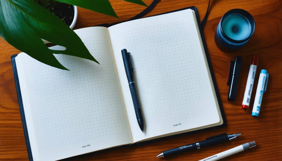 Close-up of hands typing on laptop with coffee cup and journal visible