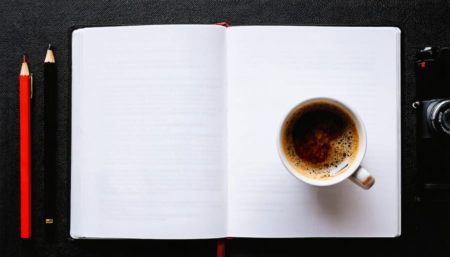 Close-up of hands typing on laptop with coffee and notebook nearby