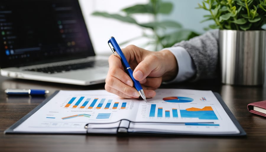 Freelance writer working confidently with accounting software at home office