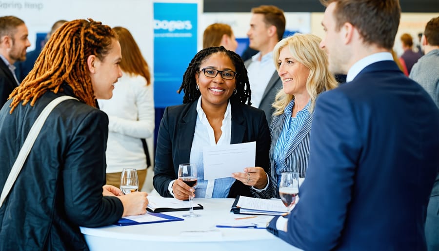 Writers networking and exchanging business cards at a professional writing conference