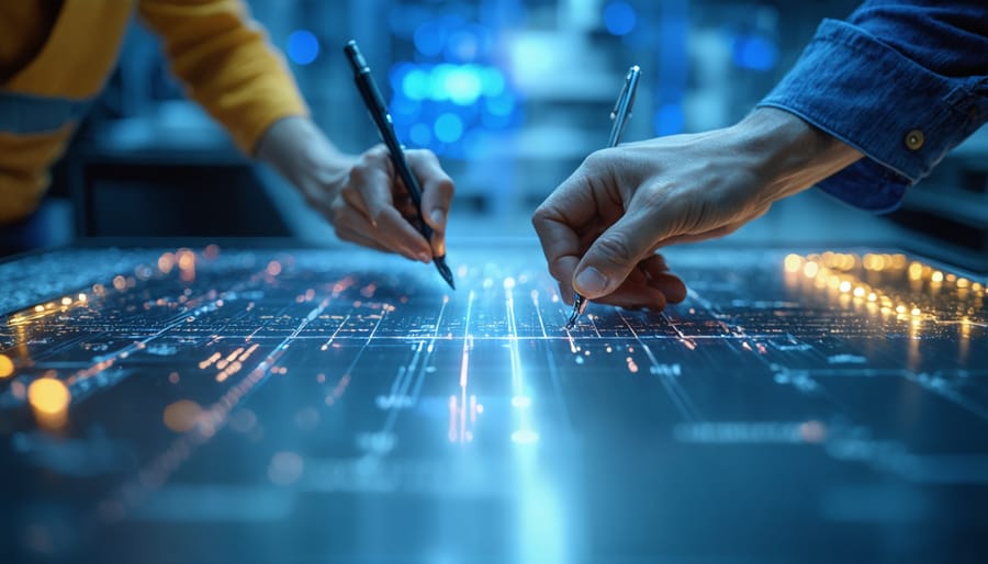 Overhead view of diverse hands holding various industry tools meeting together over desk