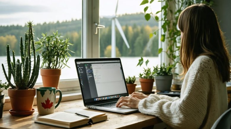 Canadian freelance writer at a wooden desk with laptop and notebook beside indoor plants and a maple leaf mug, forested lake and distant wind turbines visible through a large window.