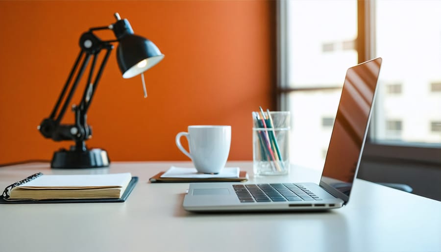 Freelance writer working on laptop at home office desk with personal branding materials