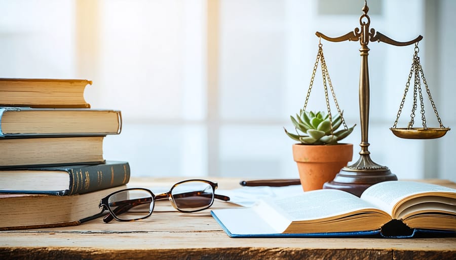 Laptop and legal reference books on desk in home office workspace