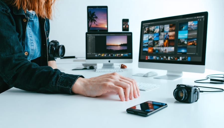 Overhead view of laptop, smartphone, tablet and notebook on clean desk workspace