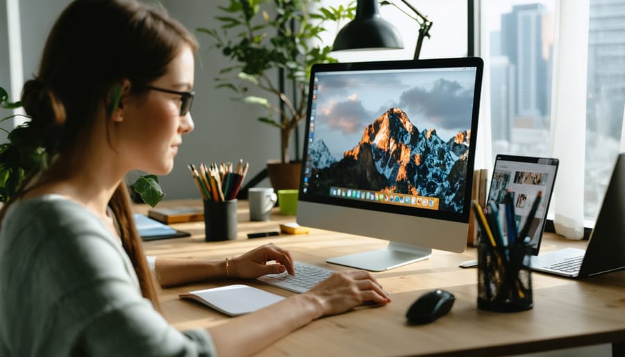 Home office workspace with laptop video call and city view showing remote work setup